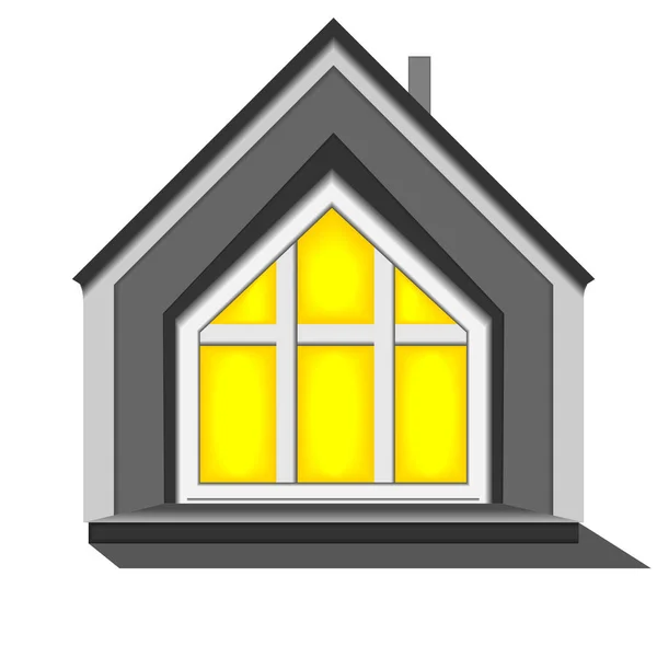 Beyaz arka planda büyük pencereli gri ev simgesinin vektör çizimi. Kağıt kesiği elementleri ile düz biçim.