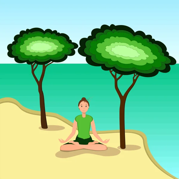 Plajda yoga yapan kadının illüstrasyon fotoğrafı. Güzel bir deniz arka planı. Ekoloji, ahenk, sakin, sağlıklı ve ralax kavramı. Düz biçim ve kağıt kesme ögeleri.