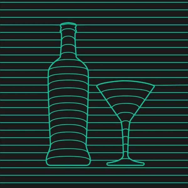 Üç boyutlu efektli şişe martini ve bardağın vektör çizimi. Minimalist tarzda. Neon rengi. Çizgi tasarımı. Restoranlar ve barlar için alkollü ürün.