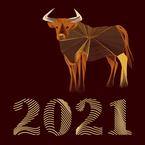 Altın Yeni Yıl Boğası 'nın vektör çizimi. Çizgi sanatı tarzı. Minimalist tasarım. 2021 yılının sembolü. Güç kavramı. Soyut hayvan çizimi..