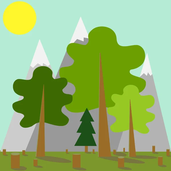 Ormanların yok oluşunun vektör illüstrasyonu, düz stil doğa felaketi illüstrasyonu, ağaçları kesme, çevre kirliliği ve ekolojik sorunlar.