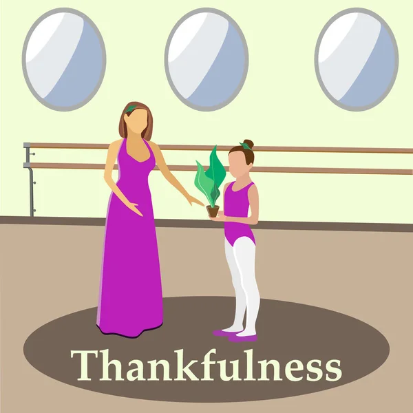 Dans öğretmenine teşekkür eden bir kızın vektör çizimi. Düz stil. Dansçıya hediye. Minnettarlık kavramı. Öğretmen ve öğrenci arasındaki ilişki.