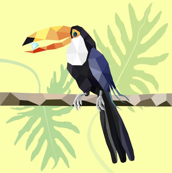 Modern çocuksu ve web tasarımı için büyük gagalı güzel renkli bir Tukan 'ın vektör çizimi, düşük poli ve düz stil. Tropikal kuşun Origami tarzı