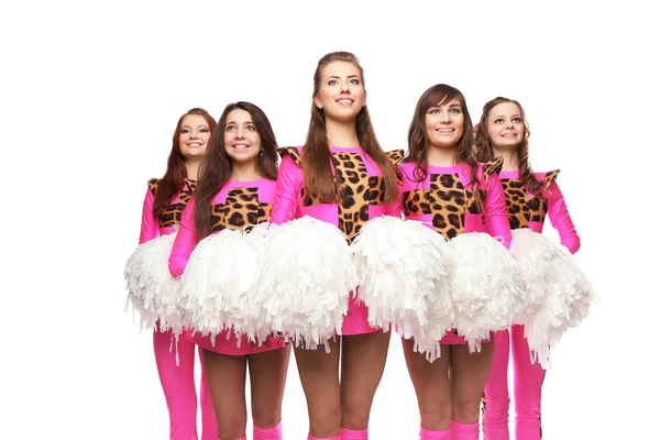 Groupe Jeunes Femmes Pom Pom Girls Équipe Sont Debout Avec — Photo