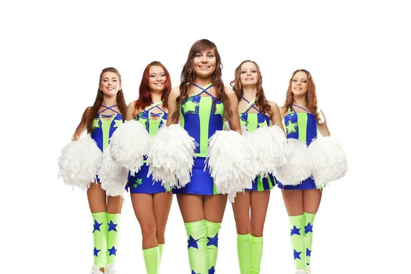 Gruppo Giovani Ragazze Cheerleader Squadra Sono Piedi Con Pom Pom — Foto Stock