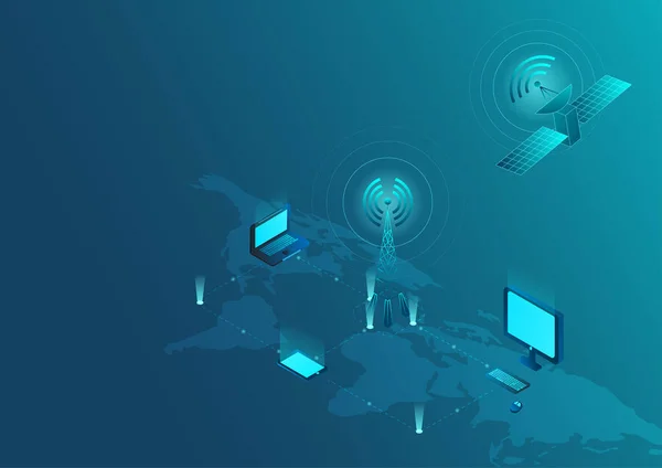 Isometric Kablosuz Teknoloji ve Küresel İletişim ikonları uydu antenleri radyo dizüstü bilgisayarı akıllı telefon ve dünya alanı