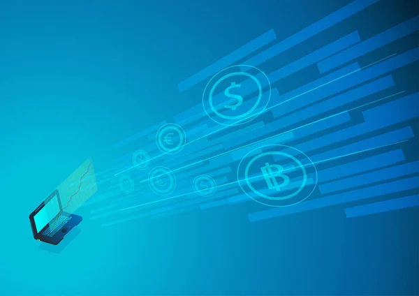 İzometrik dizüstü bilgisayar ve para transferi tasarımı 