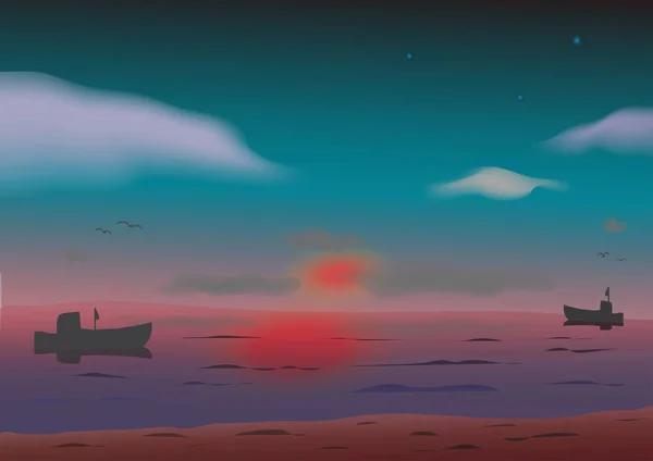 Günbatımında deniz karası kuşları gemiler ve sahil manzarası