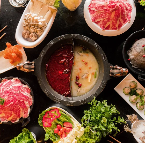 Flat Lay Chongqing Hot Pot Food Photo — Stock Photo, Image