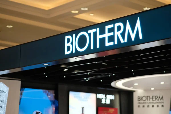 Close Biotherm Logo Shop Sign French High End Skincare Brand — Stock Photo, Image