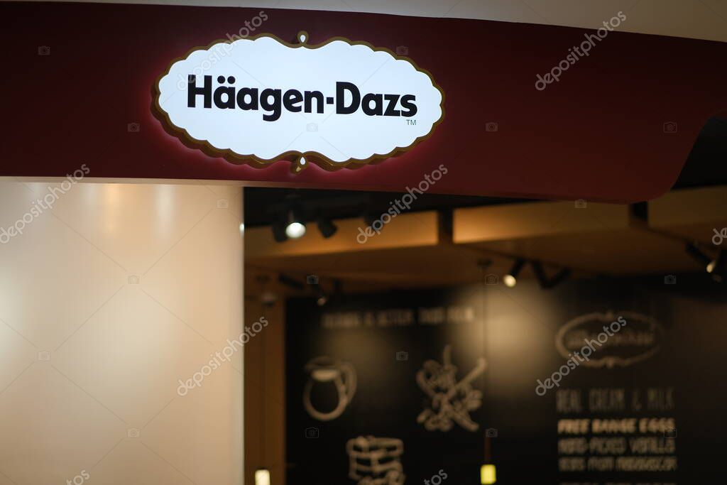 Close up shop sign of Hagen-Dazs.American ice cream brand
