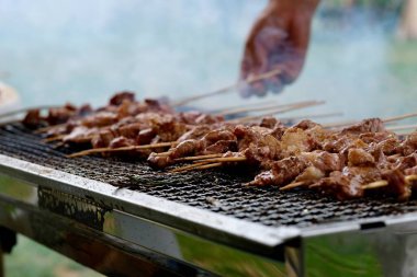 Metal ızgarada bambu çubuklarıyla enfes bir barbekü. Sıcak duman yükseliyor. Bir el yemek pişiriyor. Açık hava barbekü partisi konsepti