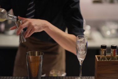 Barmen tezgahta kokteyl hazırlıyor. Bulanık arkaplan