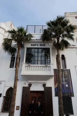Casablanca/Morocco-March 2019: facade of Rick's Cafe. Famous coffee shop due to it is scene in movie Casablanca acted by Humphrey Bogart and Ingrid Bergman. clipart