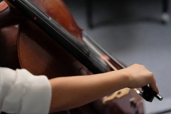 Close up one musician's hand taking a bow, playing brown cello. Daylight reflection on wood. Blurred background