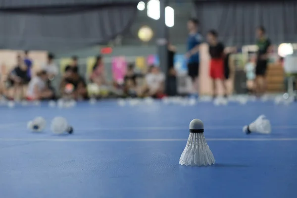 Bir badmintonu kapalı stadyum zeminine kapatın. Badminton oynayan odaksız insanlar