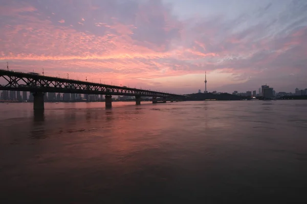 Tramonto Del Wuhan Yangtze River Bridge Punto Riferimento Wuhan Hubei — Foto Stock