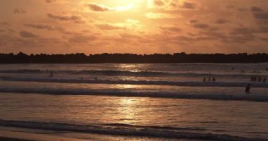 Kumsalda kırmızı ve güzel bir gün batımı, bir martı kameranın önünden geçiyor.