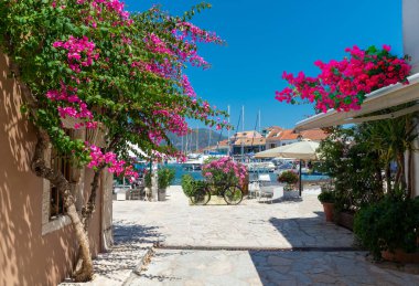 Yunanistan 'da yaz tatilinin güneşli bir gününde güzel Kefalonia liman köyü