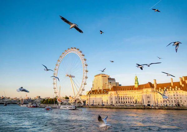 Londres Inglaterra Reino Unido Setembro 2019 Gaivotas Céu Azul Frente — Fotografia de Stock