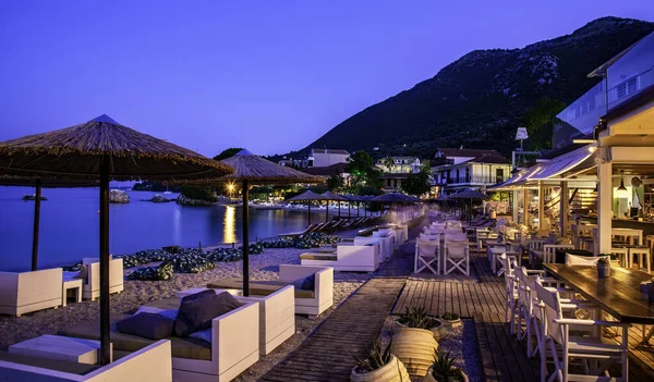 Romantic Scene Nikiana Beach Evening Lights Illuminated Terrace Seaside Lefkada — Stock Photo, Image