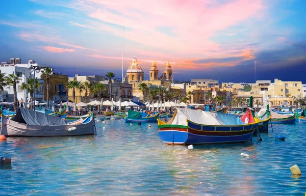 Marsaxlokk Dorf Hafen Von Malta Beleuchtet Von Sonnenuntergang Licht — Stockfoto