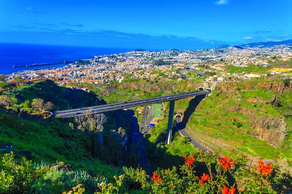 Flygfoto Över Funchal Stad Och Motorväg Bron Arkitektur Madeira Portugal — Stockfoto