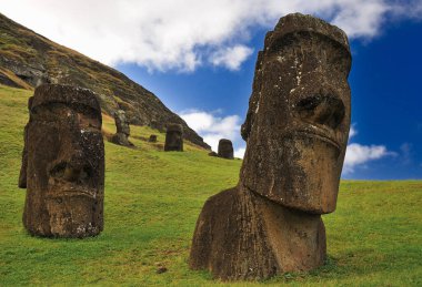 Paskalya Adası, Rapa Nui Ulusal Parkı 'ndaki Rano Raraku Volkanı' nda mavi gökyüzü ve yeşil çimen tarlasına karşı Moai heykelleri.)