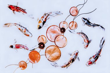 Nilüfer çiçekleri ve beyaz arka planda küçük balıklar. Klasik Japon tarzında geleneksel Japonca. Hiyeroglifler içerir - hayaller gerçek olur, güzellik