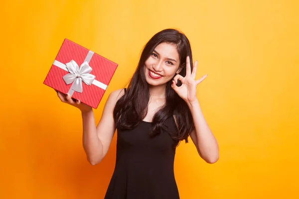 Young Asian Woman Open Golden Gift Box Yellow Background — Stock Photo, Image