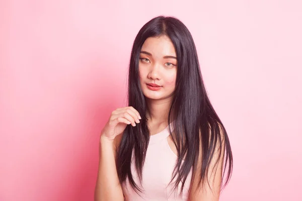 Portrait Beautiful Young Asian Woman Pink Background — Stock Photo, Image