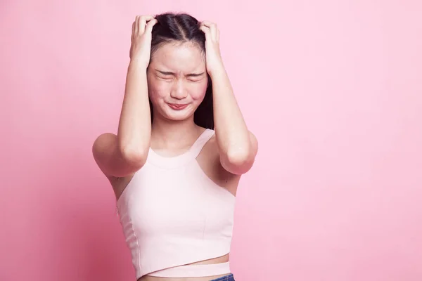 Stressed Young Asian Businesswoman Scream Out Pink Background — Stock Photo, Image