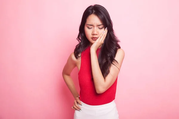 Young Asian Woman Got Toothache Pink Background — Stock Photo, Image