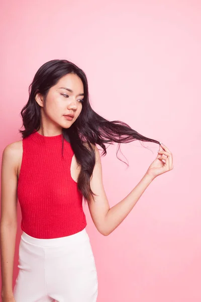 Retrato Bela Jovem Mulher Asiática Fundo Rosa — Fotografia de Stock