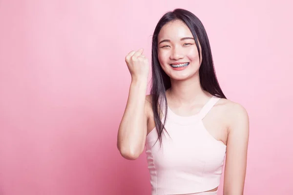 Successful Young Asian Woman Hold Fist Pink Background — Stock Photo, Image