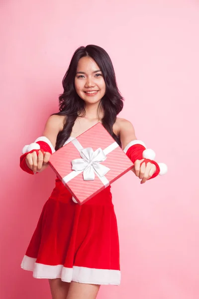 Portrait Cute Asian Christmas Santa Claus Girl Red Gift Box — Stock Photo, Image