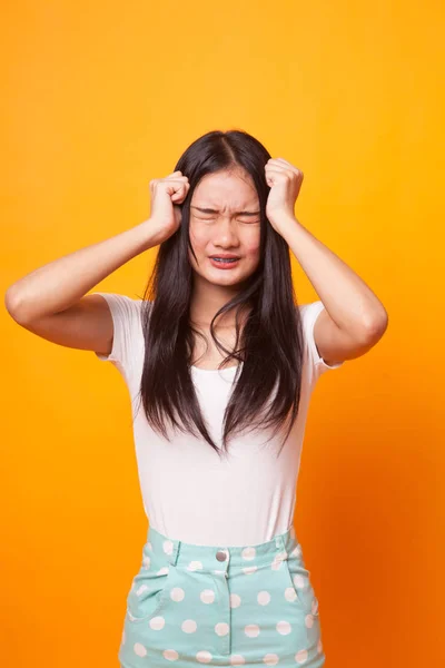 Young Asian Woman Got Sick Headache Bright Yellow Background — Stock Photo, Image