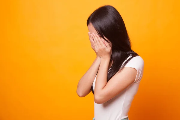 Sad Young Asian Woman Cry Palm Face Bright Yellow Background — Stock Photo, Image