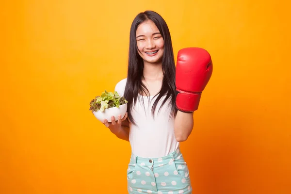 Young Asian Woman Boxing Glove Salad Bright Yellow Background — Stock Photo, Image