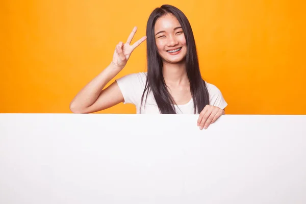 Young Asian Woman Show Victory Sign Blank Sign Bright Yellow — Stock Photo, Image