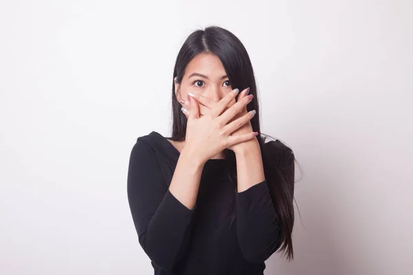 Beautiful Young Asian Woman Close Her Mouth White Background — Stock Photo, Image