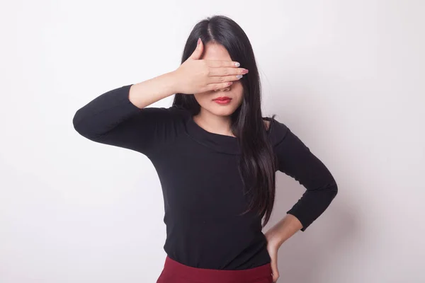 Young Asian Woman Close Her Eyes Hand White Background — Stock Photo, Image