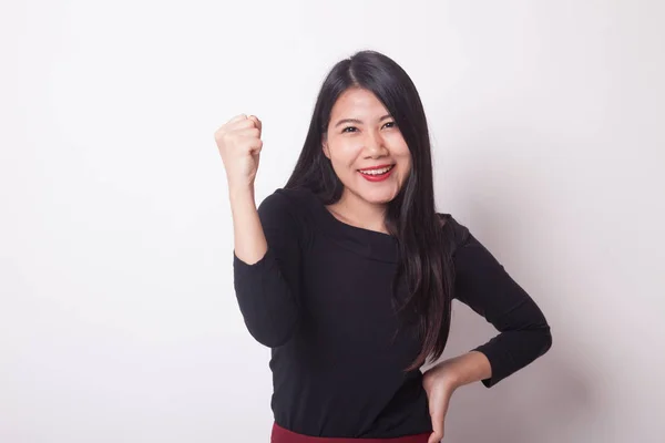 Éxito Joven Mujer Asiática Mantenga Puño Fondo Blanco — Foto de Stock