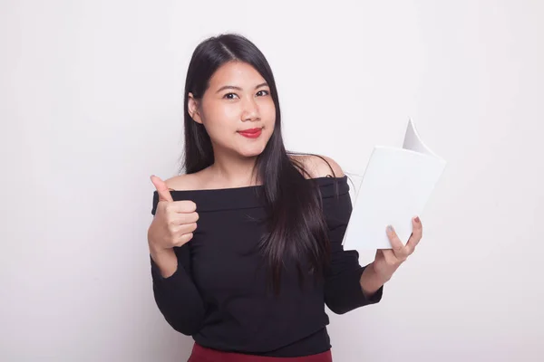 Young Asian Woman Thumbs Book White Background — Stock Photo, Image