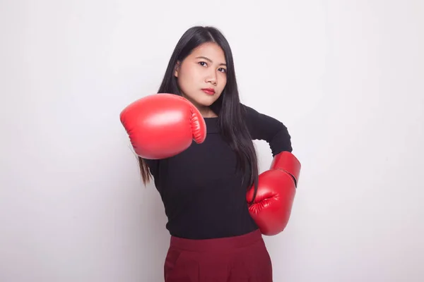 Young Asian Woman Red Boxing Gloves White Background — Stock Photo, Image