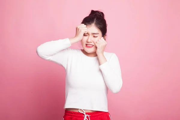 Young Asian Woman Got Sick Headache Pink Background — Stock Photo, Image