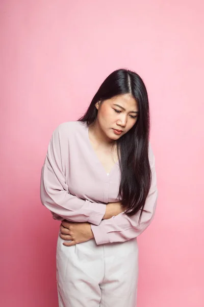 Young Asian Woman Got Stomachache Pink Background — Stock Photo, Image