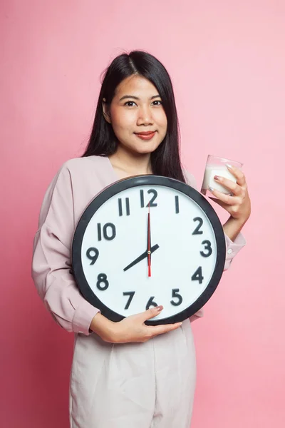 Healthy Asian Woman Drinking Glass Milk Hold Clock Pink Background — Stock Photo, Image