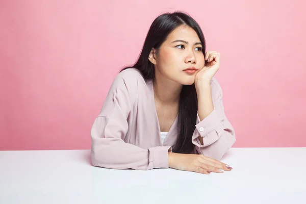 Asian Girl Getting Bore Pink Background — Stock Photo, Image