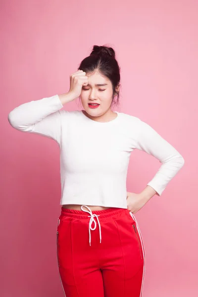 Young Asian Woman Got Sick Headache Pink Background — Stock Photo, Image